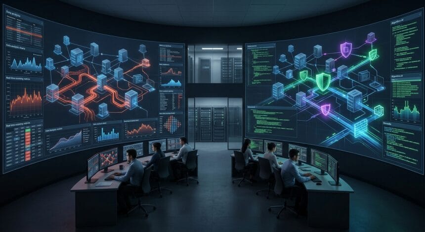 Offensive and defensive AI systems testing security across an enterprise network