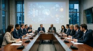 International policymakers discussing rules for artificial intelligence development