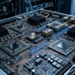 Advanced AI chips connected through high-speed data center infrastructure