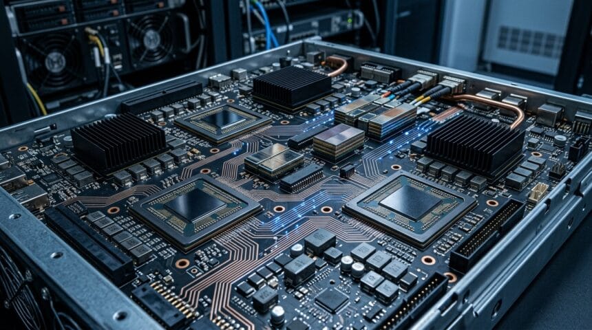 Advanced AI chips connected through high-speed data center infrastructure